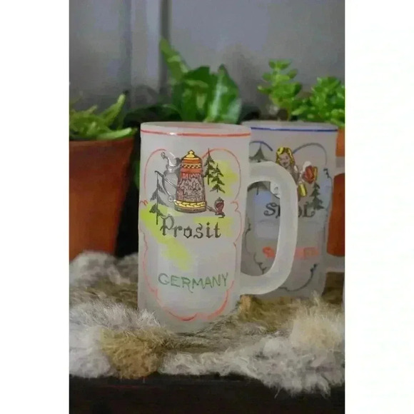 4 Frosted Beer Mugs Prosit Skol Ireland glass stein vintage barware European - Picture 6 of 9